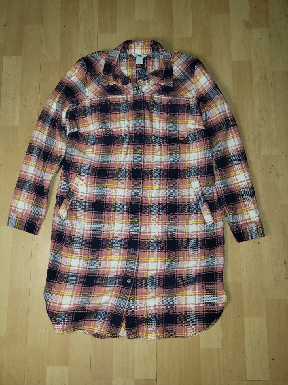 Duluth Trading Co Pink Plaid Flannel Shirt with Yellow and Navy Accents